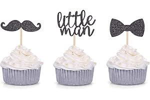 Classy Black Glitter Mustache and Bowtie Cupcake Toppers for Little Man Baby Shower