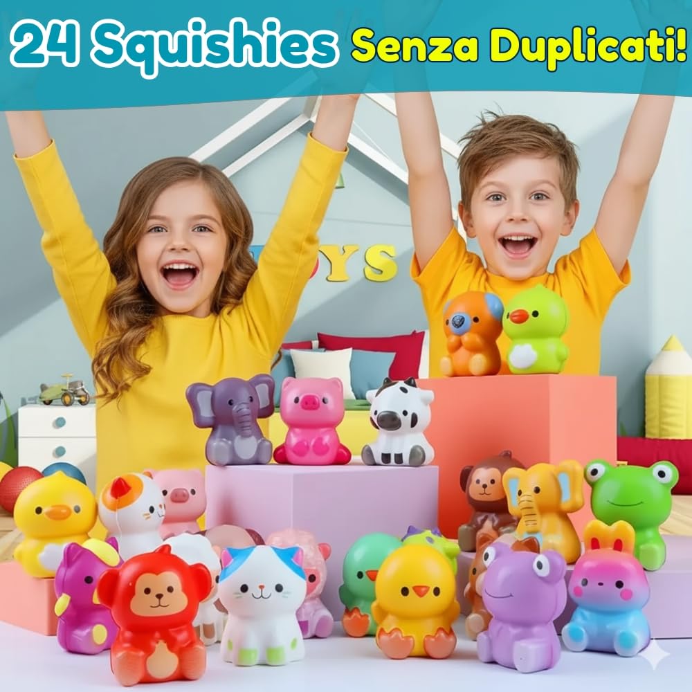 24 PCS Squishy Animali + Sacchetti Regalo Singoli, Giochi Antistress, Tocco Morbido, Espansione Lenta, Gadget Compleanno Bambini, Regalini Fine Festa Dopo Invitati | Pack 24 Squishy + Sacchetti Regalo