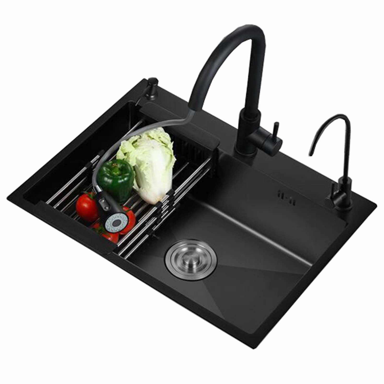 Évier de cuisine noir 60x45cm en acier inoxydable avec accessoires pour poste de travail