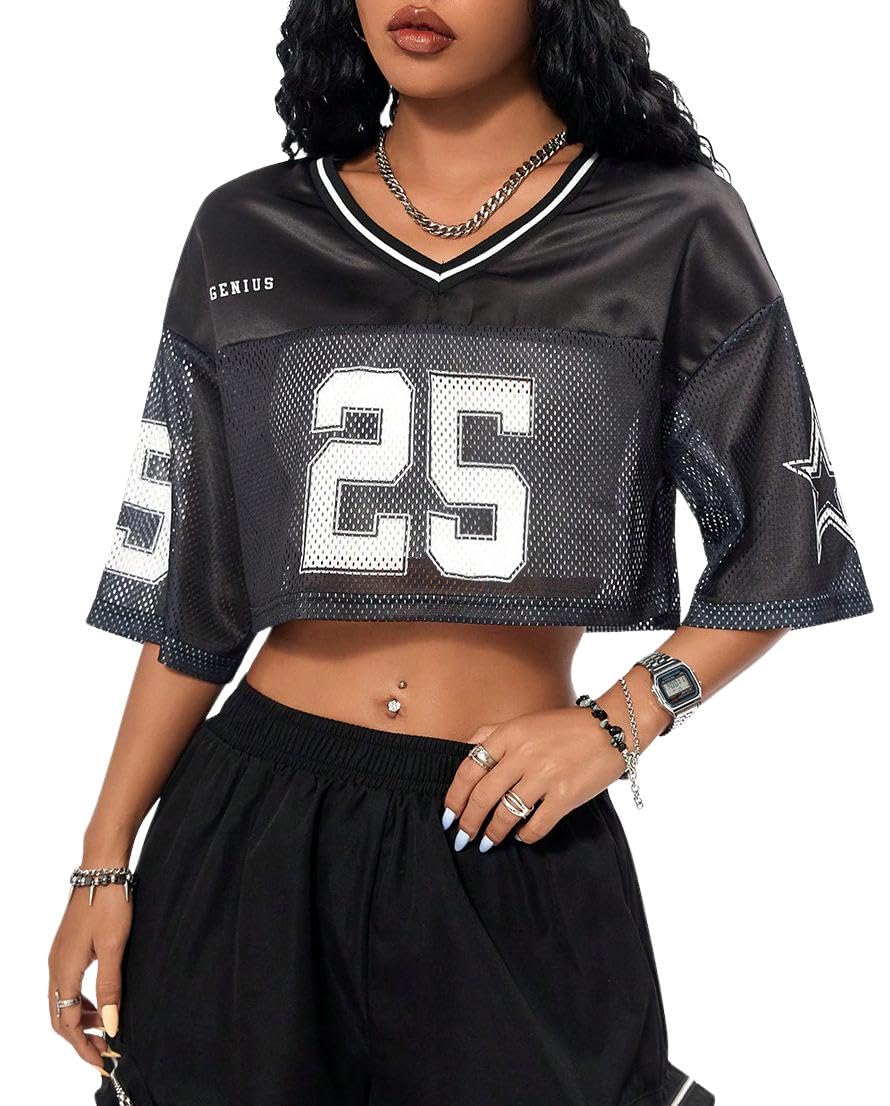 SOLY HUX Jersey Shirts for Women Y2k Crop Tops Streetwear Sportswear Short Sleeve T-Shirt Cute Football Jersey Top Black Letter Small