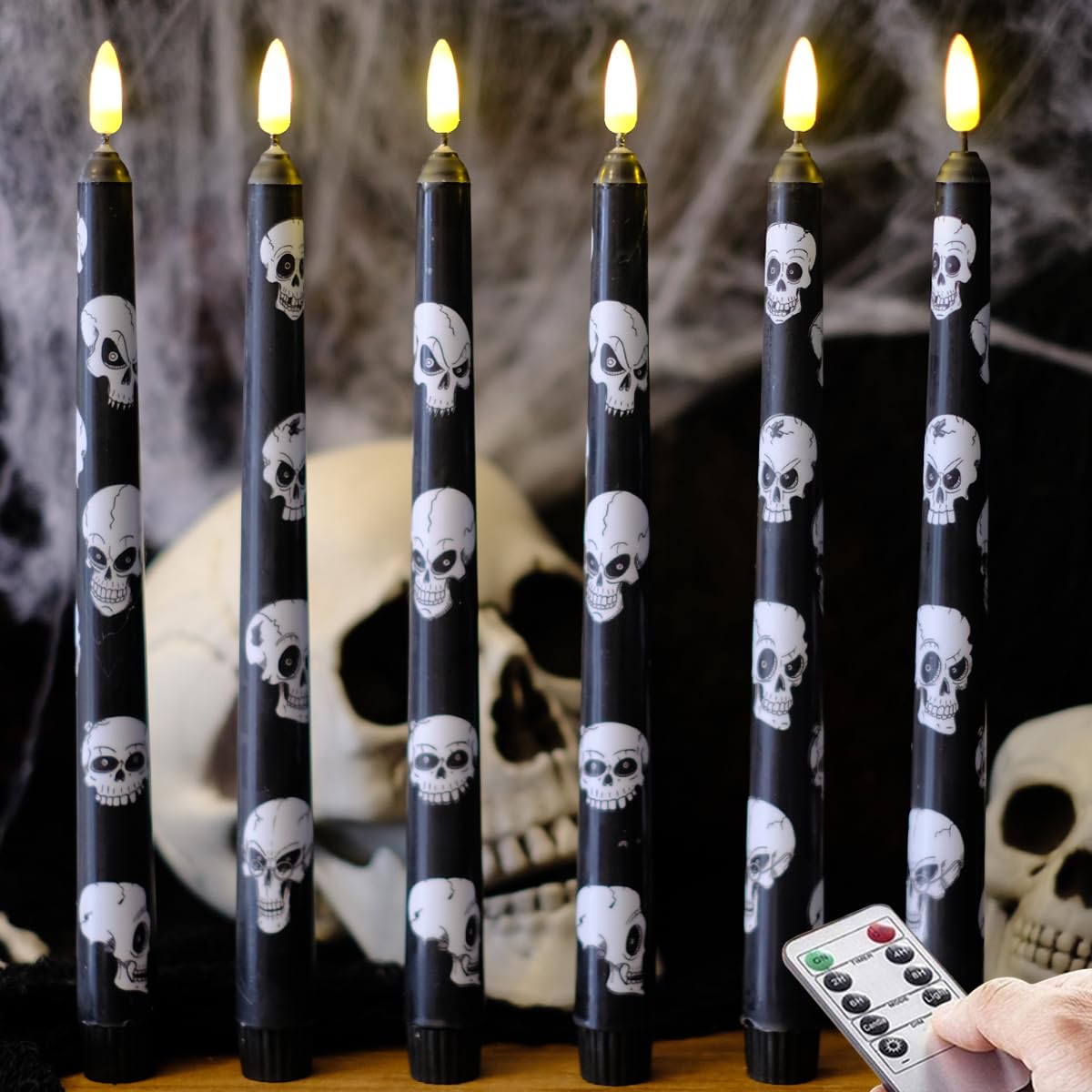 NONNO & ZGF Halloween 6 Pack Flameless Black Candles, Skeleton Patterns Real Wax 11'' LED Battery Operated Candle with Remote and Timer Function