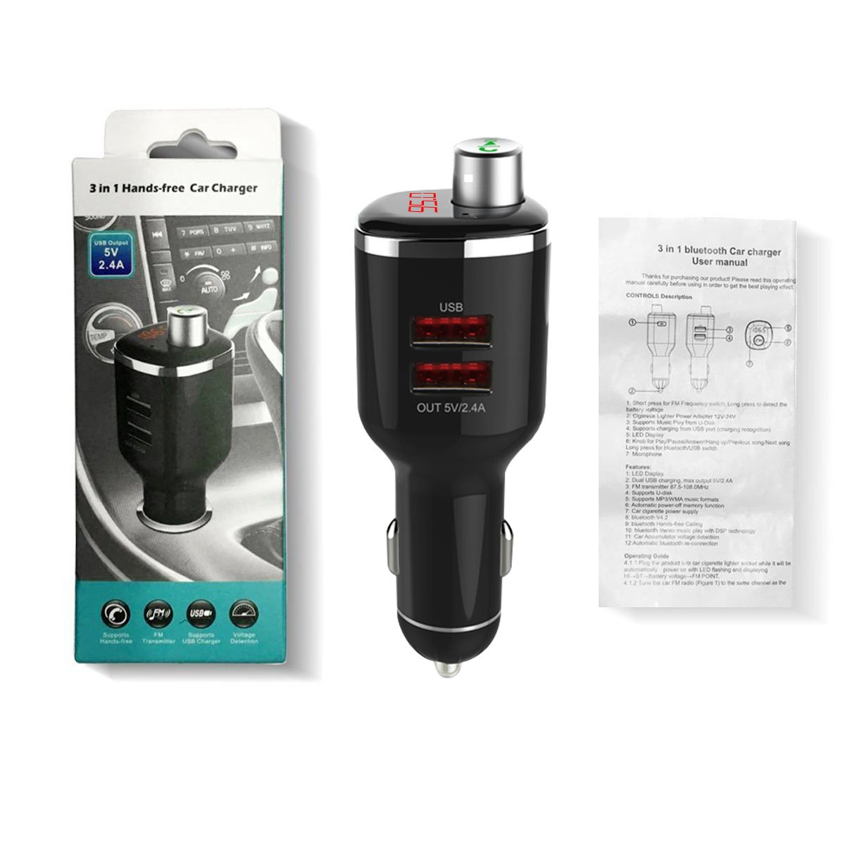 Universal Car MP3 Player Hands Free Bluetooth FM Transmitter Adapter for Car Stereo and Doul USB Charger