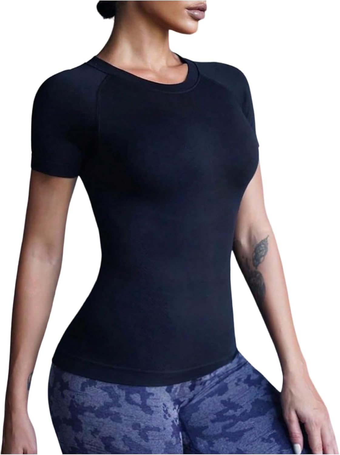 OYOANGLE Women's Short Sleeve Compression Shirts Crew Neck Slim Fitted Basic Solid Yoga Gym Workout Tops