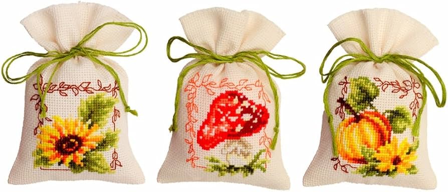 Kit Punto Croce VERVACO Set Di 3 Fiori E Lavanda - Sacchetti Bomboniere Da Ricamare, 8x12 Cm