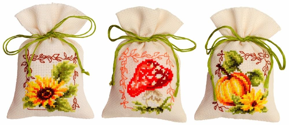 Vervaco PN-0021743 Autumn Set of 3 Herbal Bags Counted Pattern Cotton, Multi-Colour, Approx. 8 x 12 cm / 3.2" x 4.8"