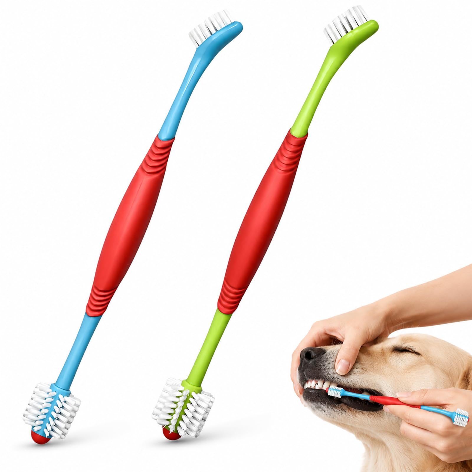 2 Pack Double Headed Dog Toothbrush – Dual Ended 360 Degree Cat Teeth Cleaning Tool – Dental Care Kit with Pet Toothpaste – Blue + Green