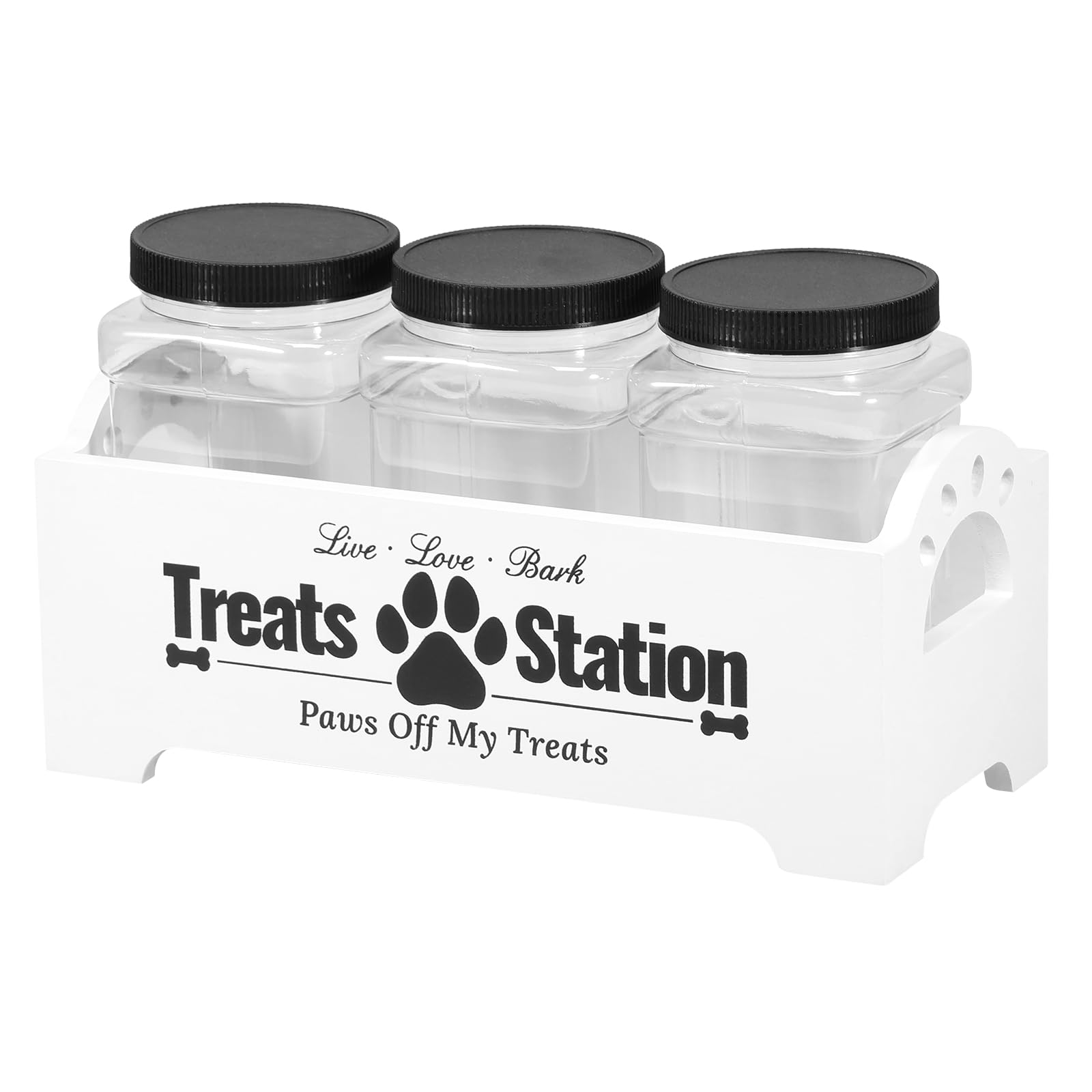 YUNYOUC Wooden Dog Treat Container with 3 Plastic Dog Treat Jars, Cute Farmhouse Cat Food Container, Animal Food Storage Organizer for Pet, Cat, Small Animal (White)