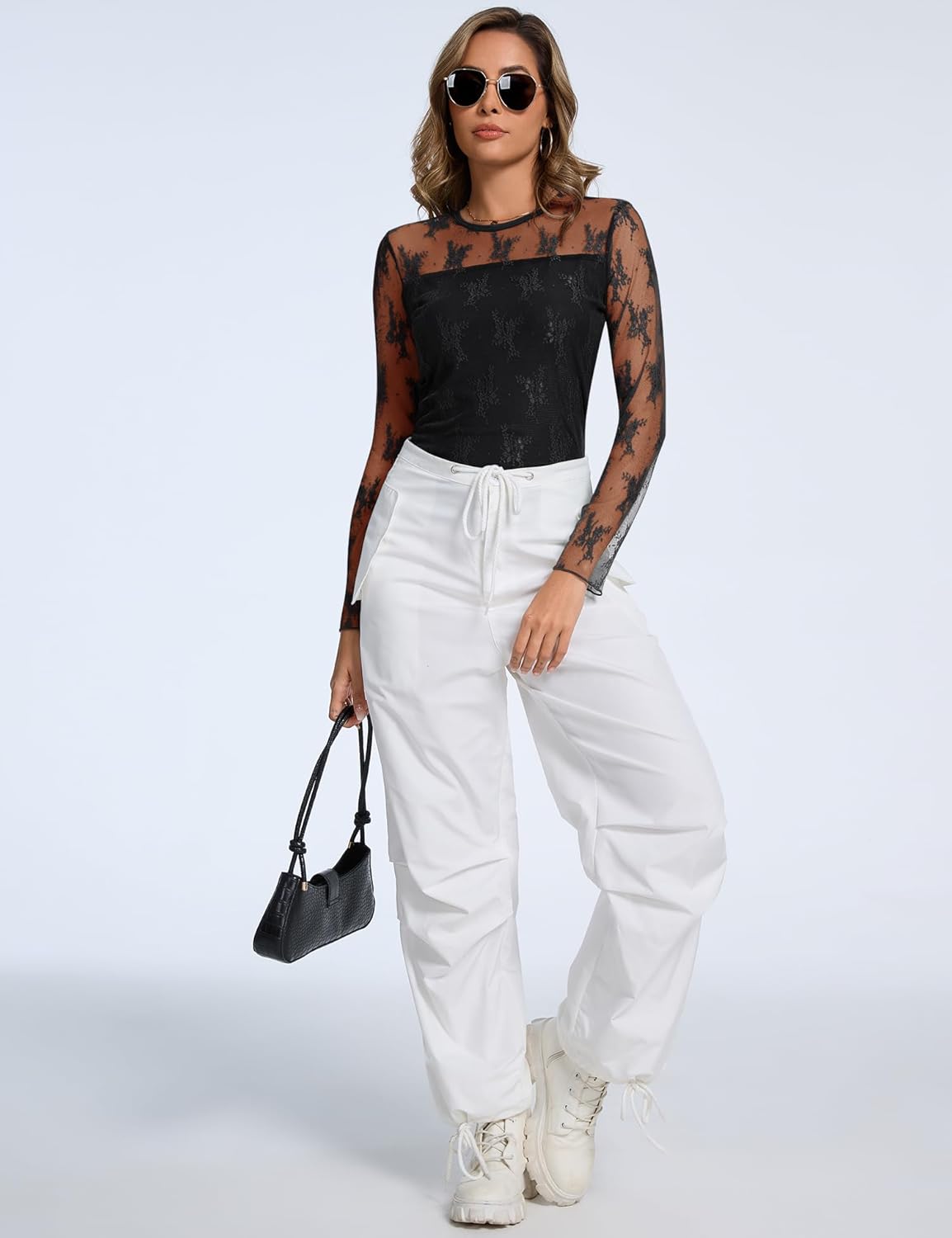 AKEWEI Womens Sexy Sheer Mesh Long Sleeve Tops Crew Neck Double Layered Tee Shirts Going Out Party Club Night Lace Blouse - Image 5