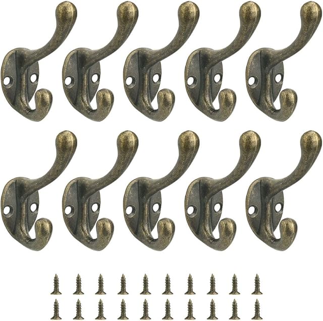 RMENOOR 10 Pcs Heavy Duty Dual Coat Hooks , Rustic Coat Hooks Wall Mounted Clothes Hooks with 20 Screws Vintage Coat Hooks Cast Iron Wall Hook for Clothes, Hat, Scarf, Bag, Towel, Key, Cup
