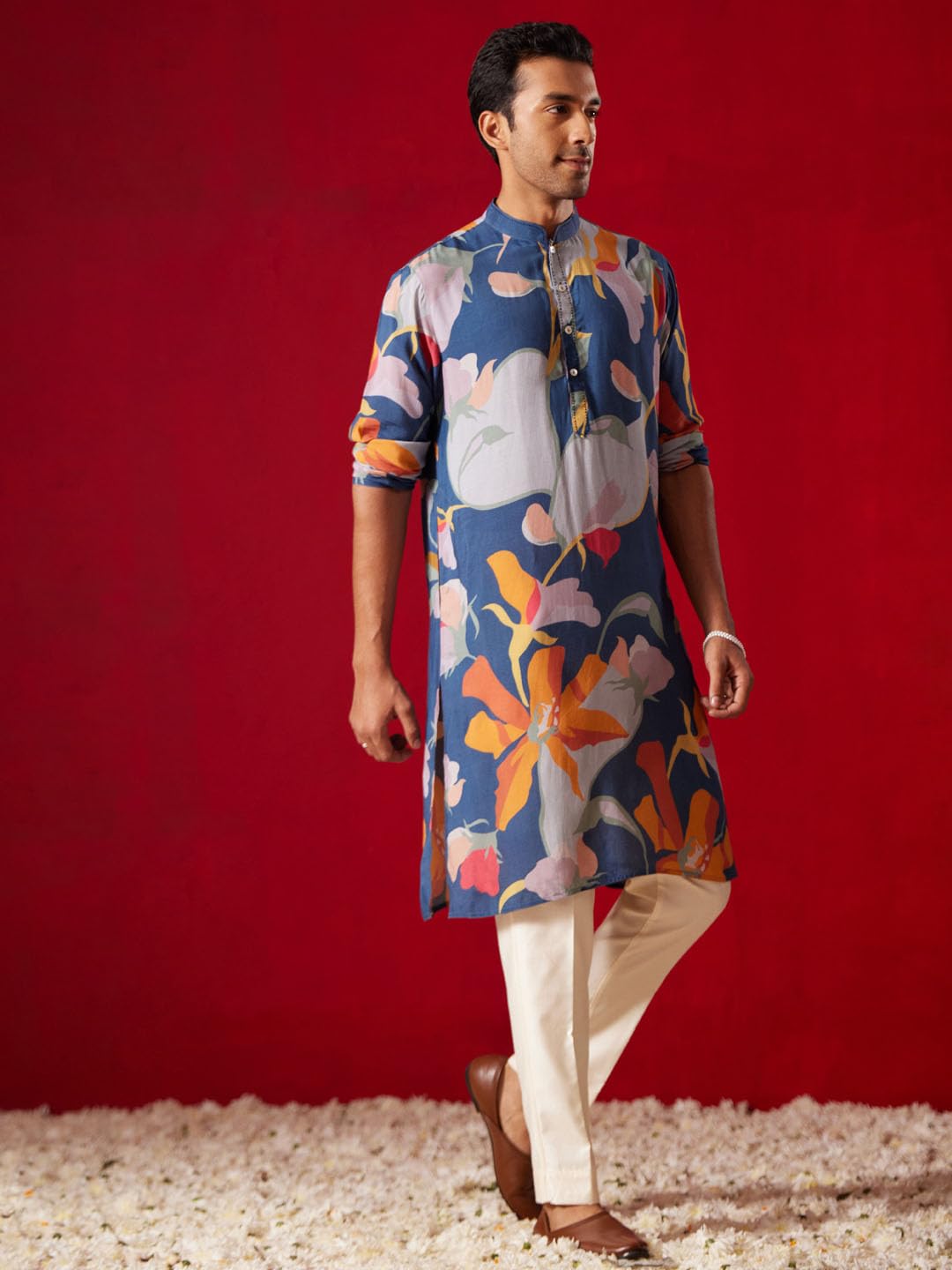 VASTRAMAY Set pigiama da uomo in misto cotone misto cotone con stampa floreale e Kurta