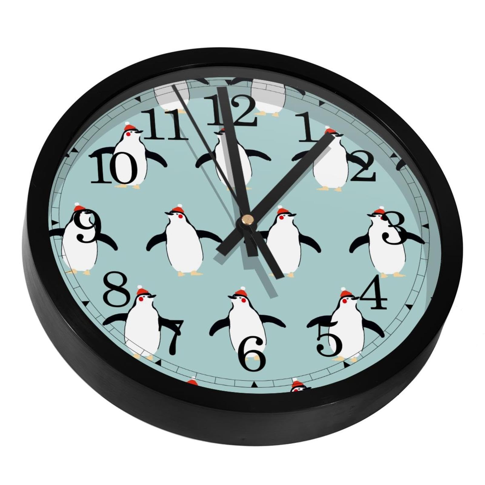 Horloge murale pingouin chapeau rouge silencieuse pour salon