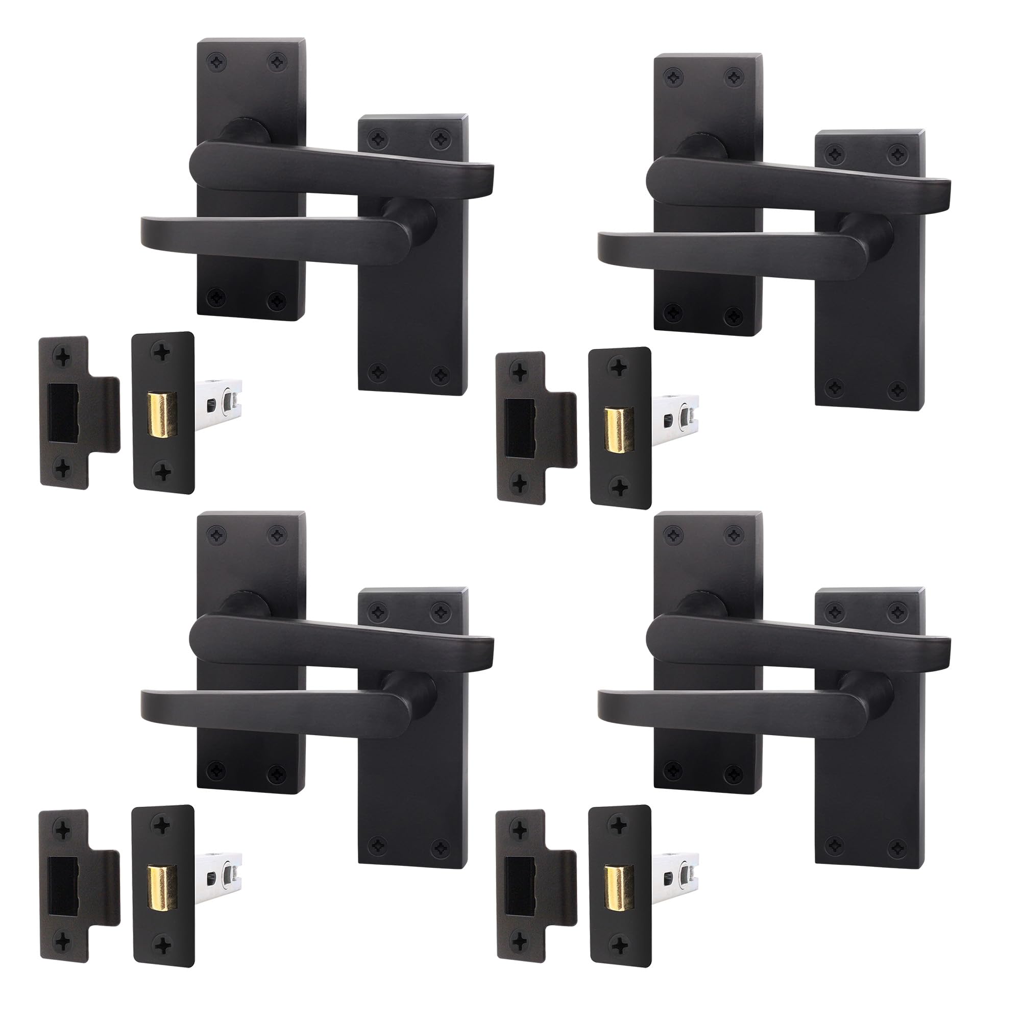 EAI Black Door Handle & Latch Set | 4 Pairs Internal Handles on Backplate with Latch (64mm) | Straight Pattern