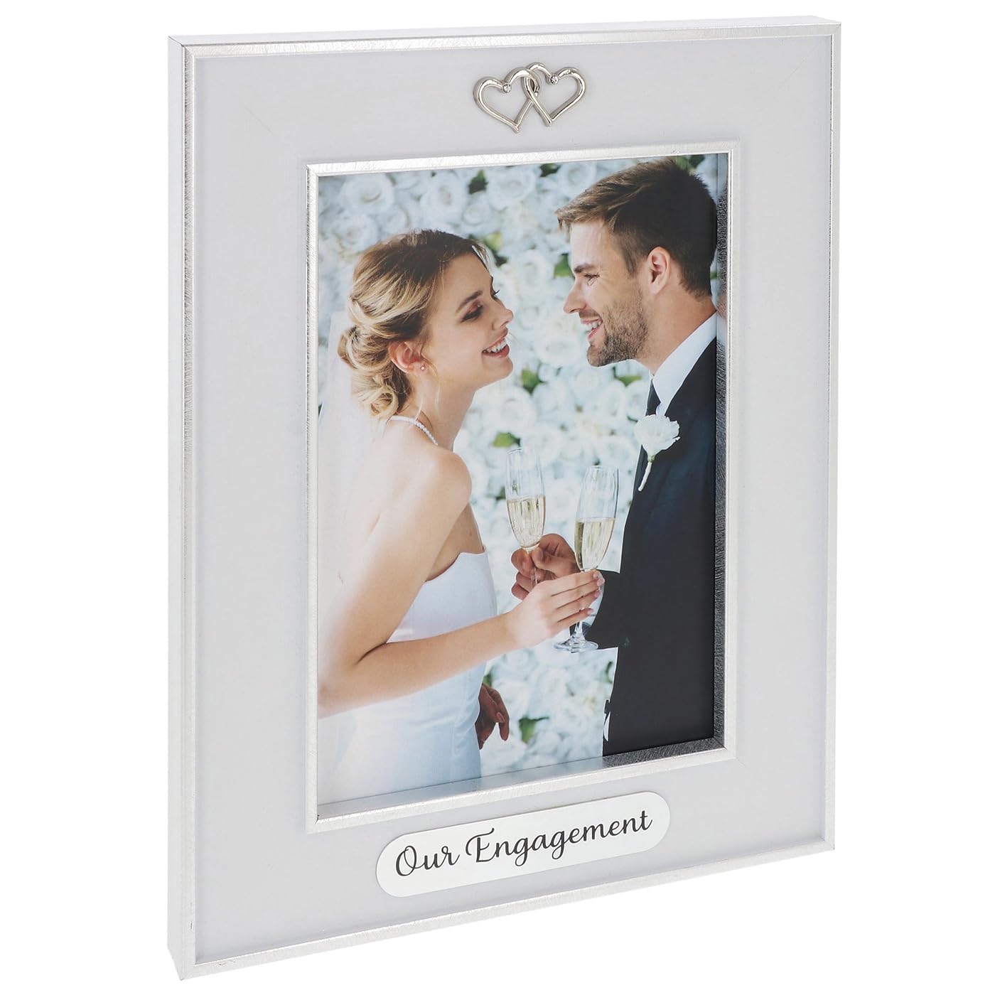 Shudehill Giftware Hearts Silver & White Event Frame Sentiment 5X7 White Portrait Photo Frame - Mr & Mrs Or Engaged Wedding Gift Ideas (Hearts)