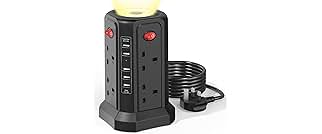 Tower Extension Lead with USB Slots and Night Light, (13A 3250W)5 USB Ports & 8 Way Socket Extension Tower, Surge Protected Extension Lead with 4 Switches, 1.8M Extension Cable for Home, Office