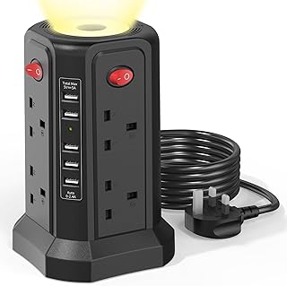 Extension Lead with USB Solts and Night Light, (13A 3250W)5 USB Ports & 8 Way Plug Extension Tower, Extension Lead Surge Protection with 4 Switches, Multi Plug Socket Tower with 1.8M Extension Cable