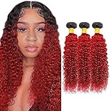 22 24 26 inch Ombre Red Human Hair Bundles 1b/Red Kinky Curly Human Hair Bundles Two Tone Black Roots to Red Bundle Human Hair Weave for Black Women