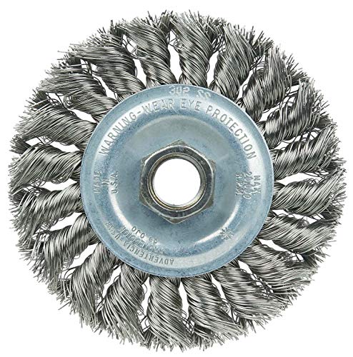Image of Weiler 36213 Wolverine 4 inch Knot Wire Wheel, Standard Twist, .014 inch Stainless Steel, 5 /8 inch-11 UNC Nut, Made in The USA (Pack of 5)