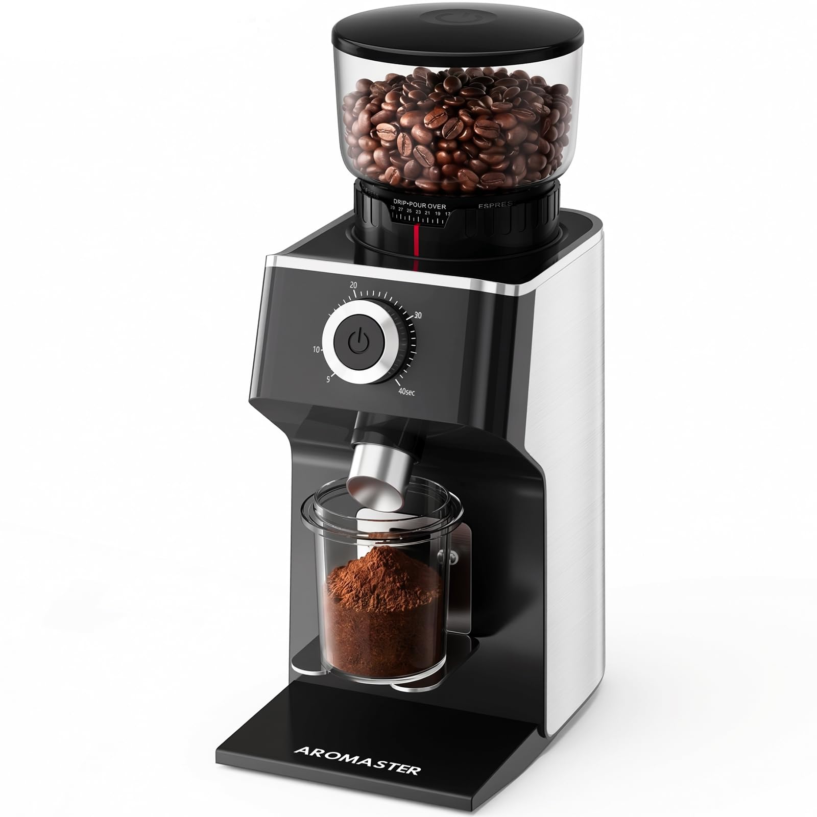 Burr Coffee Grinder with 45 Grind Settings,Adjustable 5–40s Timer,Stainless Steel Conical Coffee Bean Grinder for Espresso,Pour Over & French Press, Anti-Static,Easy Clean Brush for Home Use