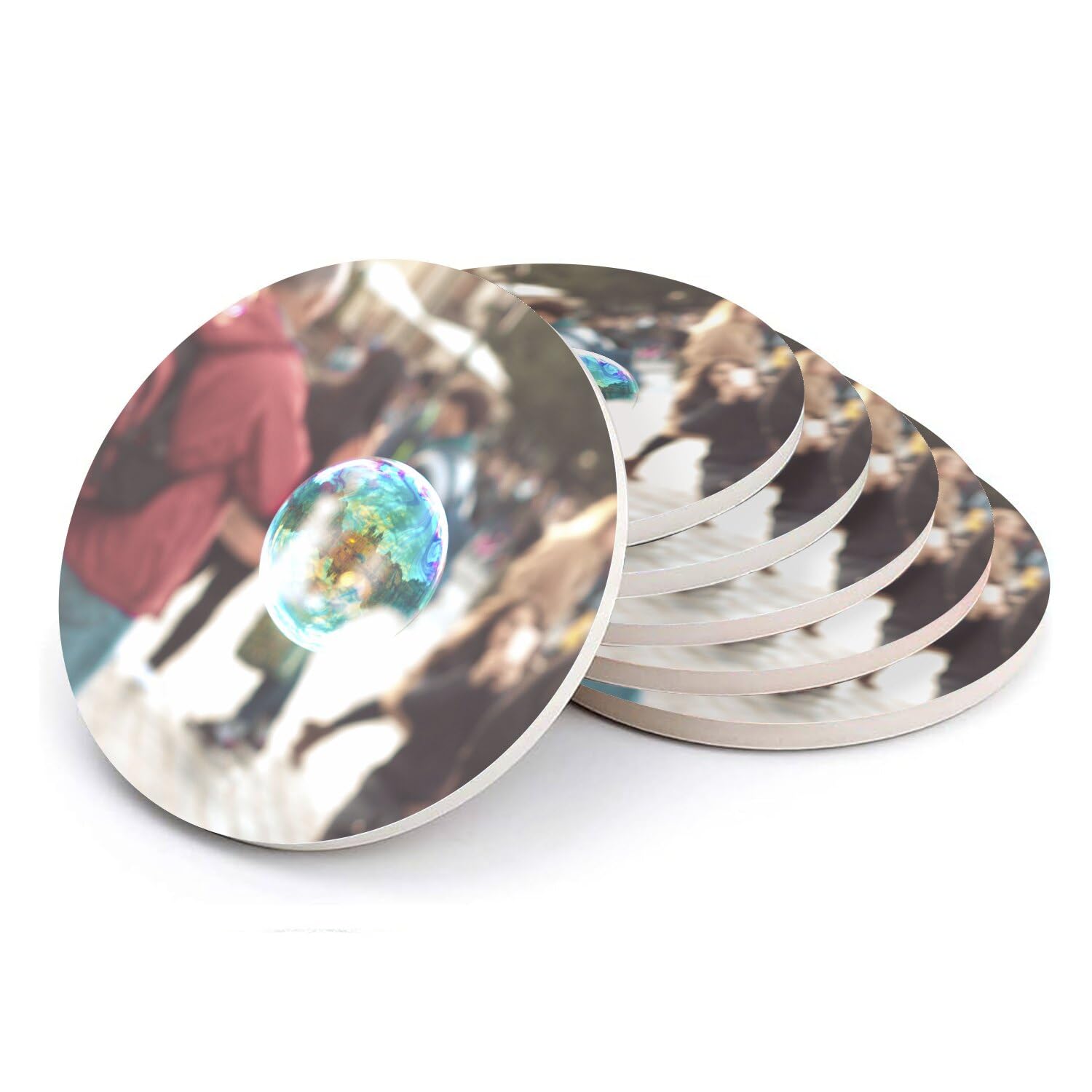 Sous-verres ronds céramique créatifs Bulle au Milieu de la Foule, coffret cadeau art de la table x6