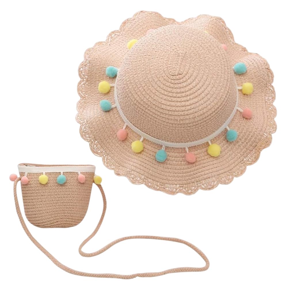 Cappello da Spiaggia Estivo e Mini di Borse Set,Cappello da Sole per Bambina,Cappello da Sole per Esterni per Ragazze per I Bambini Turismo Vacanze Spiaggia attività All'Aperto(Rosa)