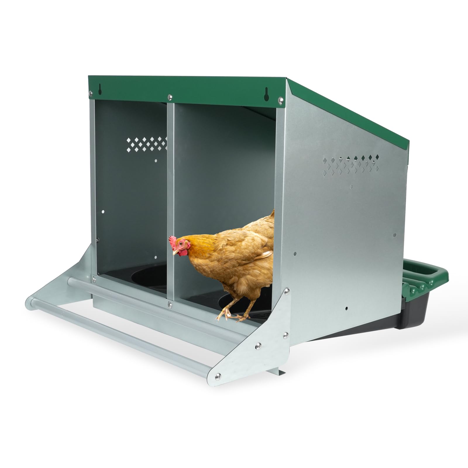 Chicken Nesting Box, 2 Holes Nesting Boxes, Heavy Duty Metal Laying Boxes, Roll Away Nesting Box Egg Collection Tray, with Roosting Pole for Chicken