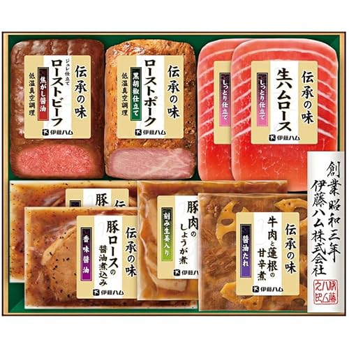 冬の贈り物お歳暮 和・洋惣菜ギフト 伊藤ハム 低温真空調理(ローストビーフ焦がし醤油ジュレ仕立て(180g)・ローストポーク黒胡椒仕立て(160g))・豚肉のしょうが煮(130g)・牛肉と蓮根の甘辛煮(120g)×各1、豚ロースの醤油煮込み 香味醤油(70