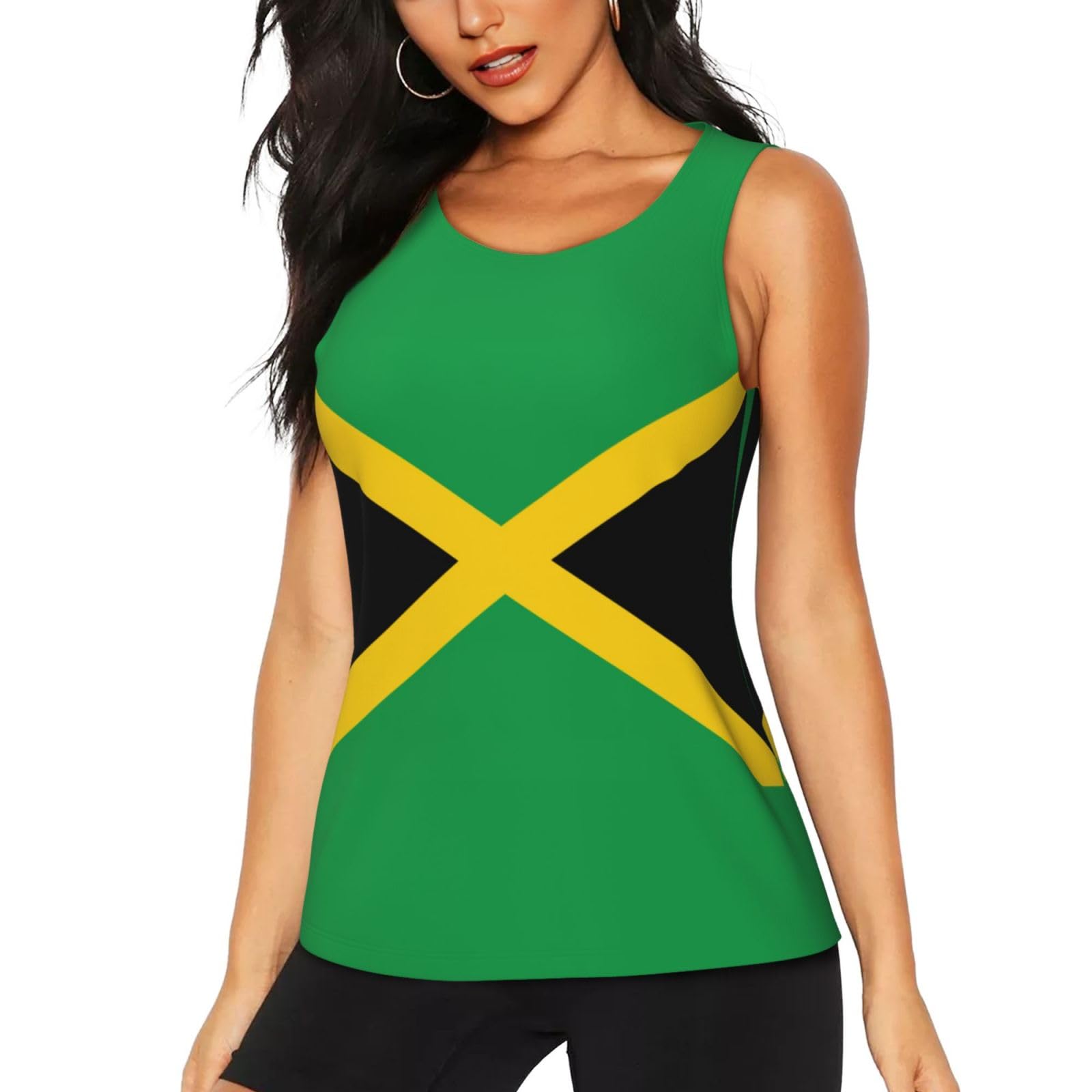 DUWAA Flag of Jamaica Print Workout Tank Tops for Women, Dry Fit Running Wicking Tank Tops, Sleeveless Yoga Shirts Black