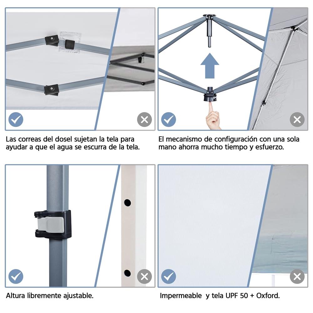 Yaheetech Carpa Plegable 3x3m Cenador Plegable para Exterior Pérgola Cuadrada con Diseño Pop-Up Altura Ajustable para Camp Playa Jardín Terraza Blanco