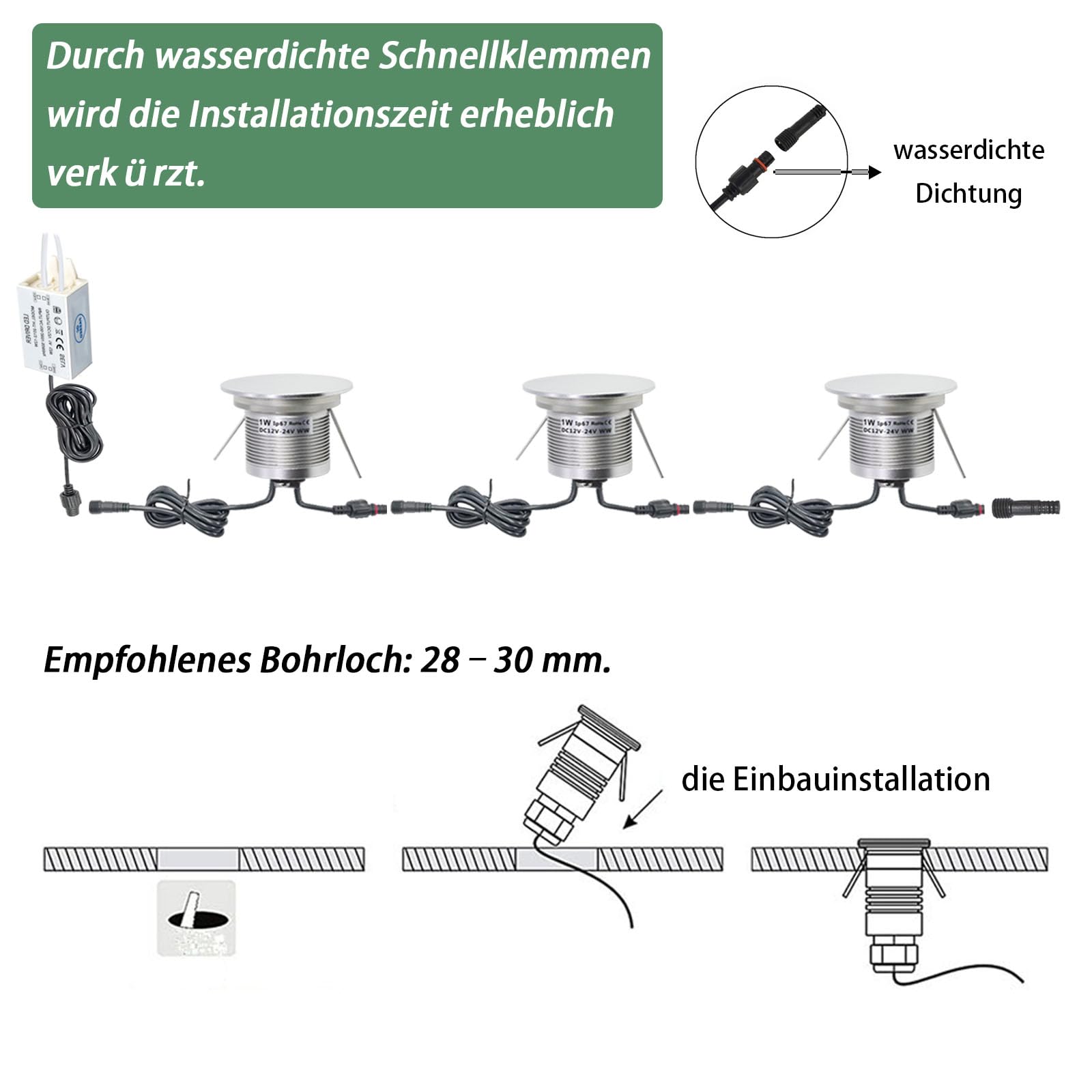 1W LED Wandleuchten Mit 230V/12V Trafo, IP67 Wasserdichte Außen/Innen Wandlampe, Einbauleuchte Treppenleuchte Mini Stufenleuchten Treppenlicht Für Stufen Treppen Fassade（Silber Warmweiß, 4 Stück）