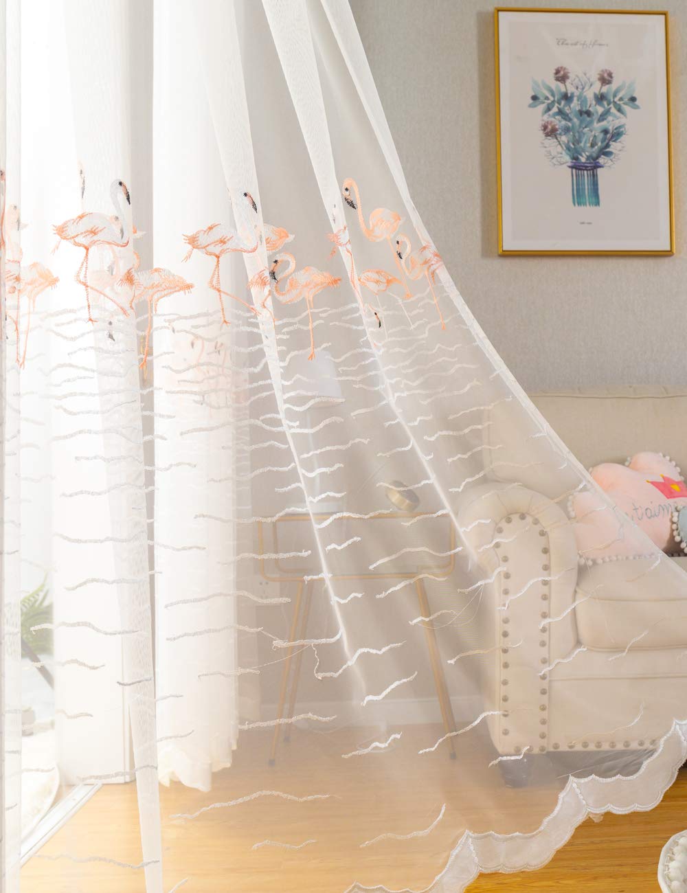 Lactraum - Tenda per cameretta Bambina, in Voile con Ricamo in Stile Fenicottero, Colore: Bianco Trasparente, Rosa Flamingo mit Ösen, 300 x 245 cm