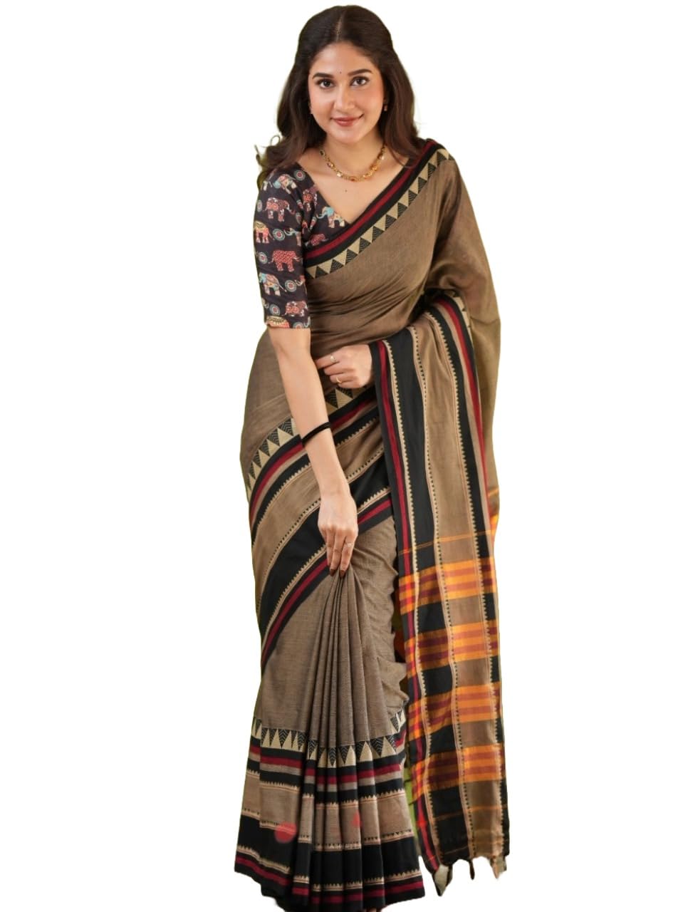 Traditional Cotton Khadi Handloom Saree, Brown with Geometric Border, Cotton Blend, Traditional Style, Rahina Model, Formal Wear