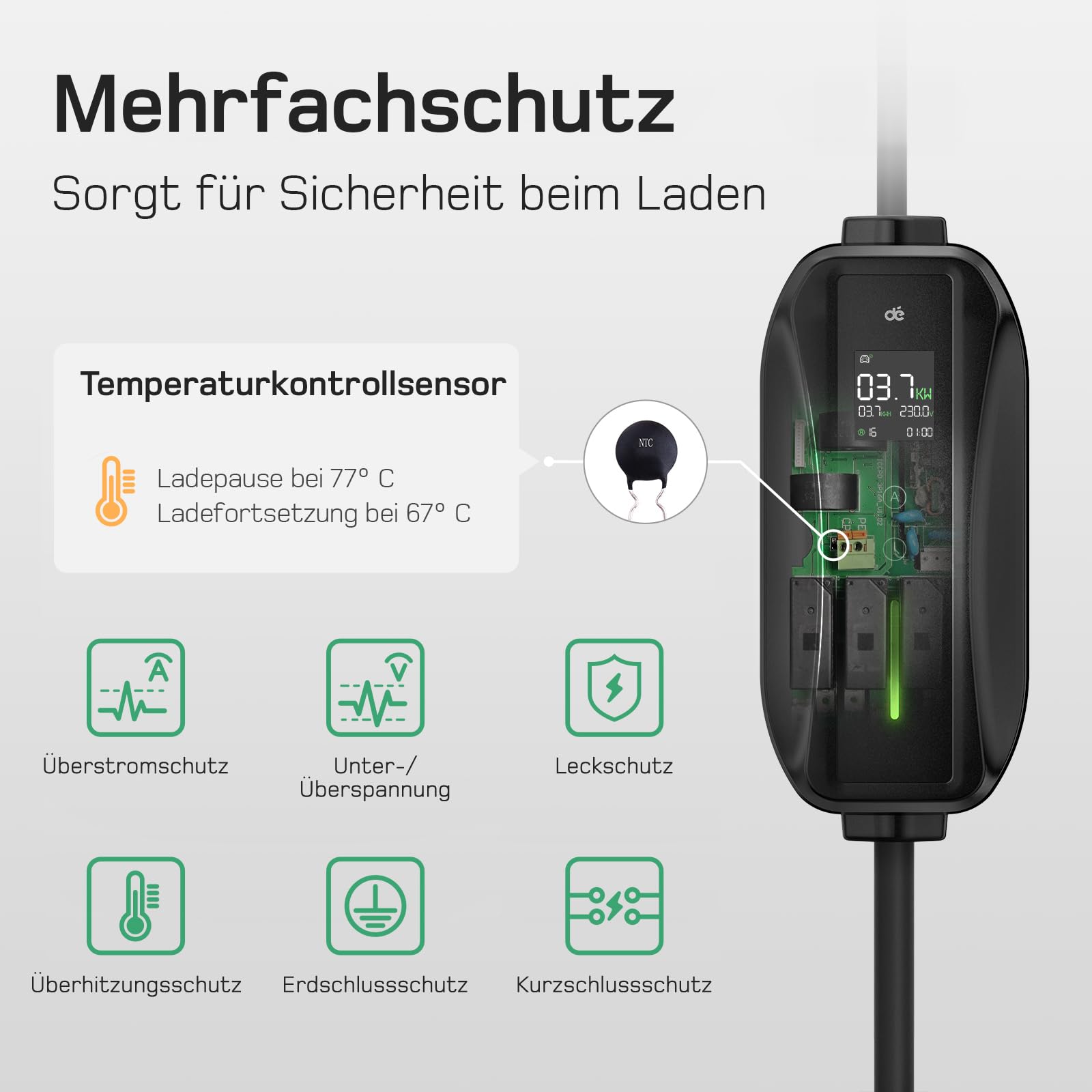 dé Typ 2 Ladekabel Schuko 3,68kW[1-phasig, 6m, 6-16A], EV Chargers mit Steuerbarer Digitalanzeige für Elektroauto, EV Ladegerät für 3008/508, C5X, DS7, GLA, Q3, X3, ZOE, ID.3, ID.4 und Anderen PHEV/EV