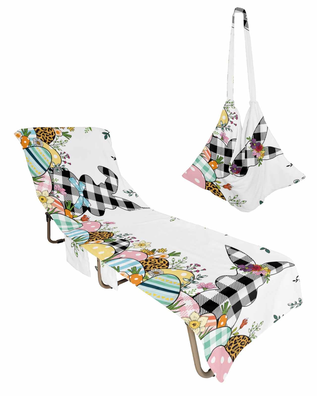 Black Plaid Bunny Easter Beach Lounge Chair Towel Cover, Soft Chaise Lounge Towel with Side Pockets Patio Pool Chairs Cover for Beach/Pool Sunbathing 29x85 Spring Floral Eggs Watercolor