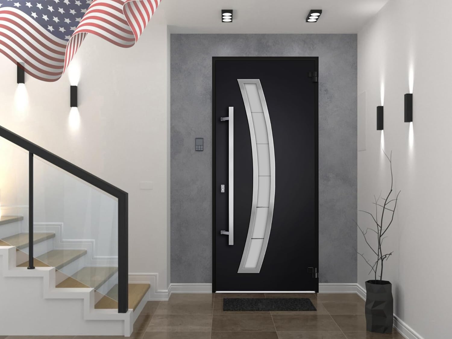 VDOMDOORS Front Exterior Prehung Steel Door/Deux 6500 Black/Stainless Inserts Single Modern Painted-W36 x H80-Right-hand Inswing