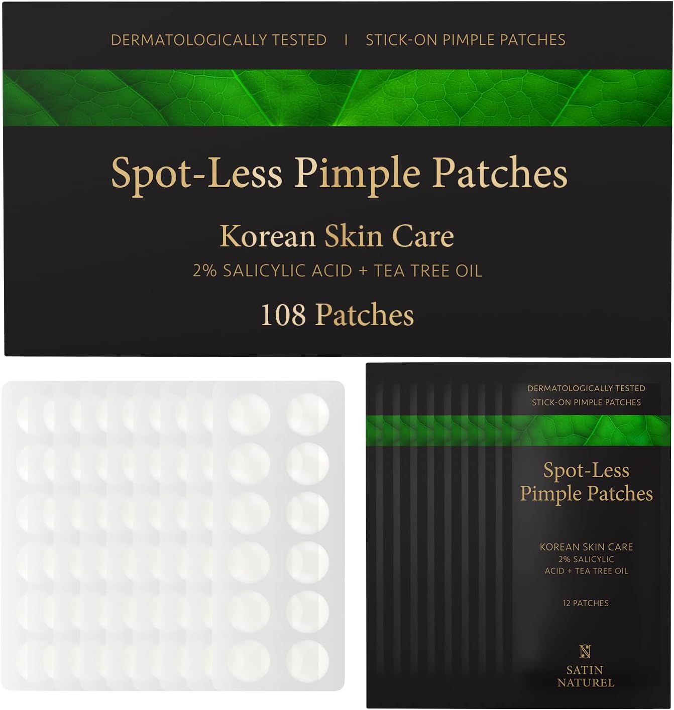 Satin Naturel 108 Pimple Patches with 2% Salicylic Acid, Tea Tree Oil & Hyaluronic Acid โ Hydrocolloid Acne Spot Treatment Stickers for Face โ Korean Skincare Blemish & Zit Care