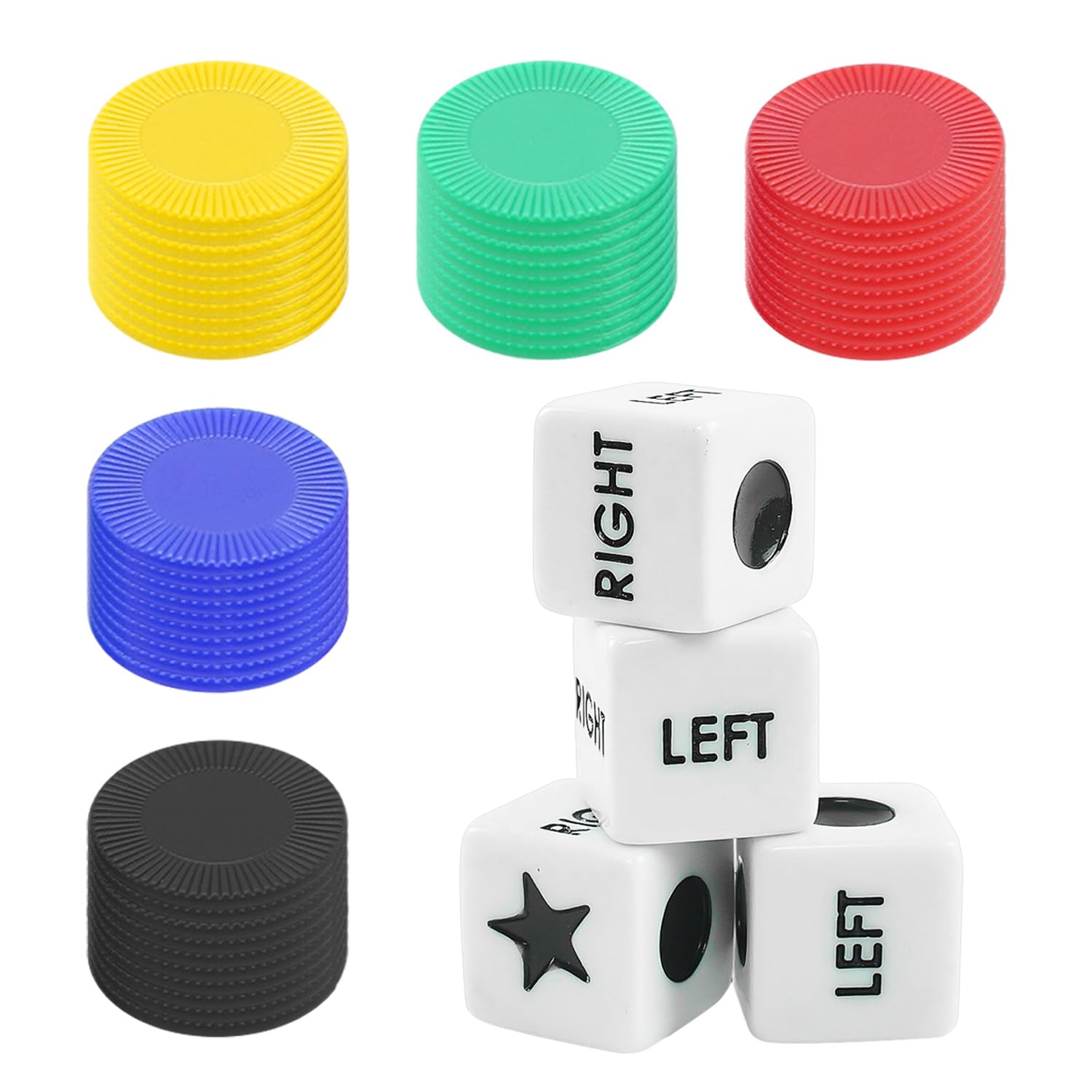 NECXON Juego De Dados Central Izquierdo Y Derecho, Juego De Dados LCR Que Incluye 3 Dados, 40 Fichas De Colores Con Caja De Almacenamiento Para Juego De Picnic De Fiesta De Camping