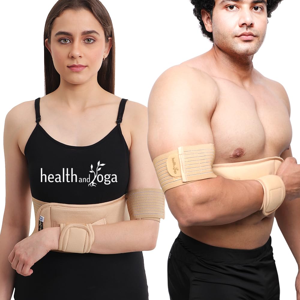 HealthAndYoga™ GuardNHeal Arm Sling Shoulder Immobilizer for Women and Men – Rotator Cuff Support Brace and Shoulder Sling - Left or Right - Adjustable for Customized Fit - Skin Friendly (Beige, 22" - 26")