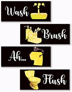 4 Pcs Yellow Bathroom Decor Funny Yellow And Black Wall Art Wooden Bathroom Accessories Modern Glitter for Home Toilet Decoration 10x4 Inches