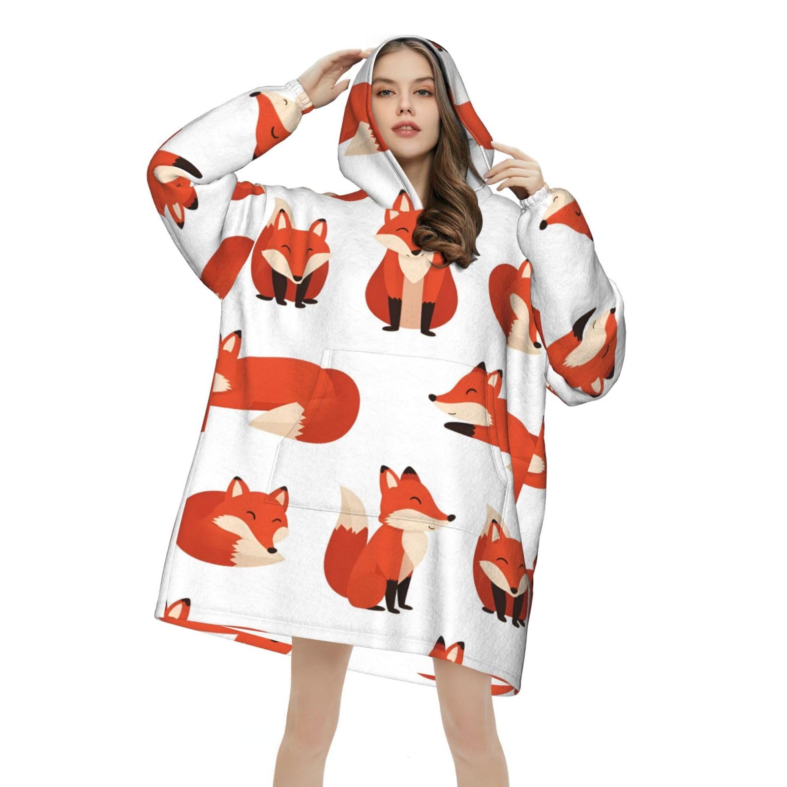 Snuggle Hoodie Blanket, Extra Large Flannel Wearable Jumper with Hood for Men and Women, Ideal for Reading, TV or Gifting, Red Foxes Pattern