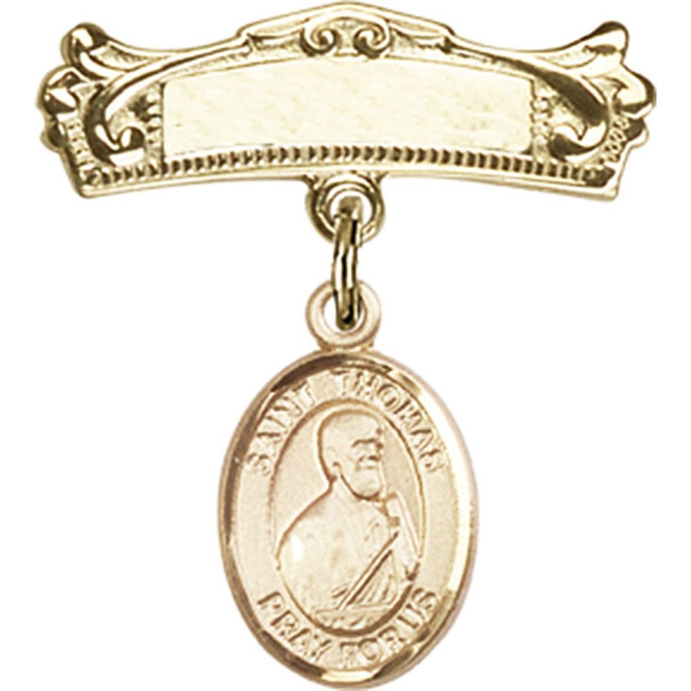 Gold Filled Baby Badge with St. Thomas the Apostle Charm and Arched Polished Badge Pin 7/8 X 3/4 inches