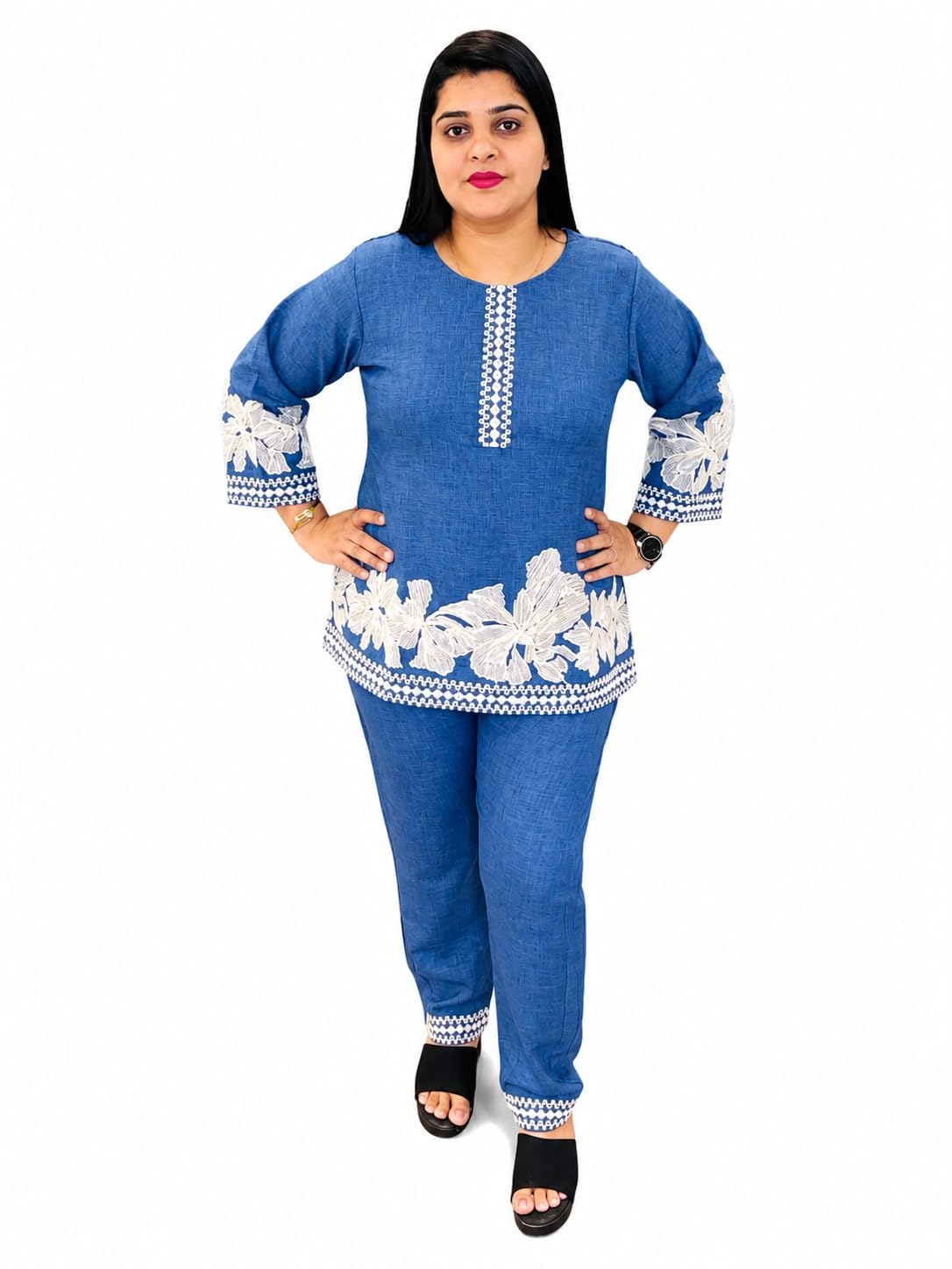 Women's Blue Embroidered Co-Ord Set | Floral Embroidery Top & Pants Set | Casual Ethnic Fusion Wear | 3/4 Sleeve Round Neck Coord Set for Women-image-3