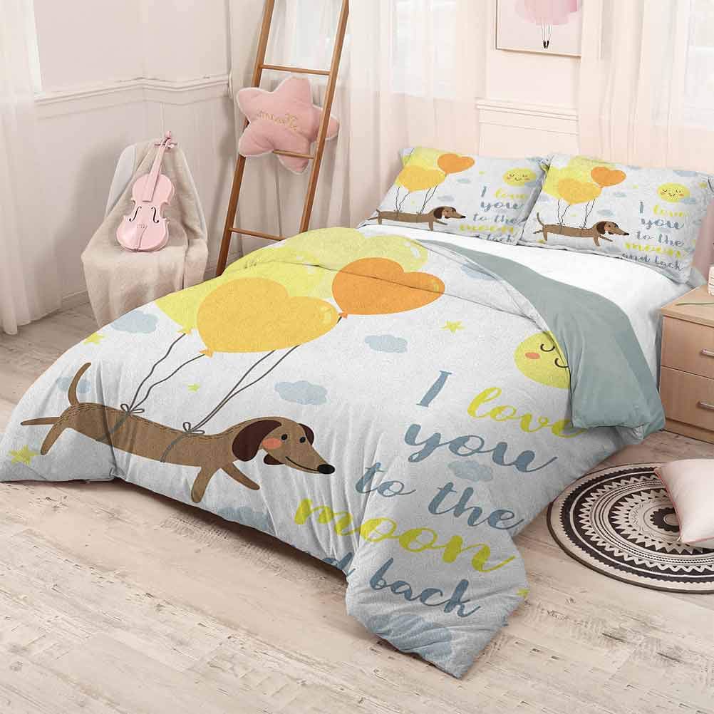 prunushome I Love You Duvet Cover SetDog with Balloons and Concept Hearts Sun Clouds Puppy Best Friends Light-Weight Yellow Cocoa Blue Grey 90x90in/20x30inx2