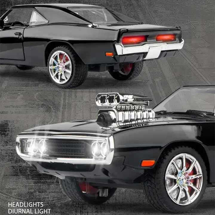 Image of Car 1:24 Big Fast and Furious Car Dodge Charger Model Metal Pull-Back with Sound Light and Opening Doors: A Kids' Toy Vehicle Gift (1:24 Dodge Charge F7- Black Color)