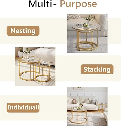 Miniatura 7 de Garden 4 you Mesa auxiliar anidable, mesa auxiliar redonda de 23.6 pulgadas, juego de 2, mesa anidable de vidrio con marco de metal, mesas Ceter