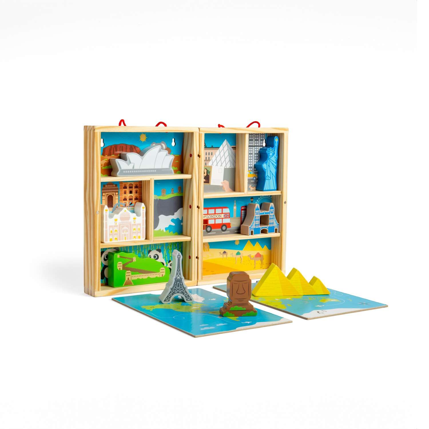 Bigjigs Toys Podróżny zestaw do zabawy – 10 szt. drewniany zestaw do zabawy z zabytkami świata i rozkładaną matą do zabawy, dla małych dzieci i dzieci, przyjazna w podróży zabawka, zestaw Montessori