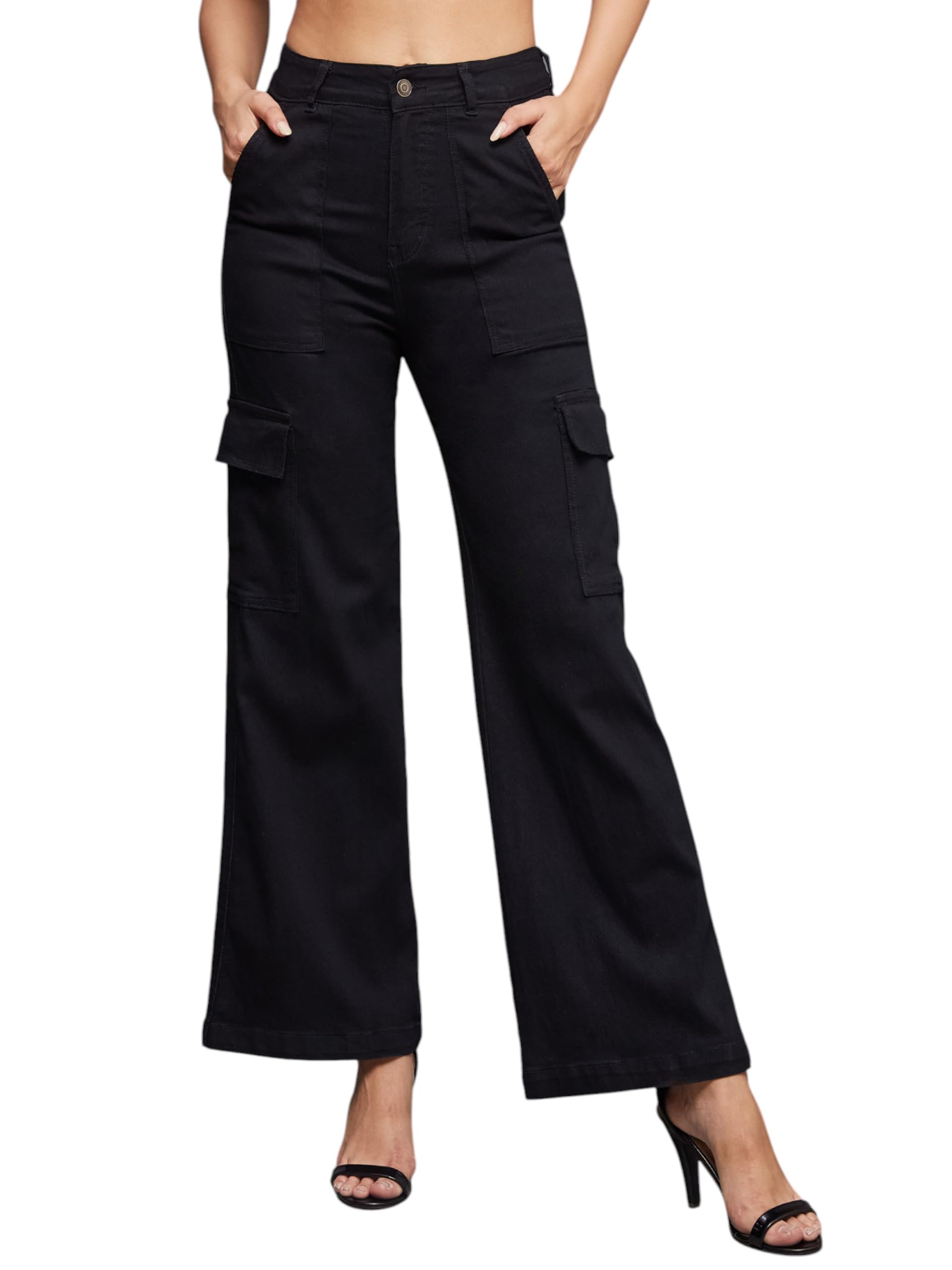 Miss Chase Women's Wide-Leg High-Rise Regular-Length Stretchable Denim Cargo Jeans (MCSS24DEN79-02-347-38, Raven Black, 38)