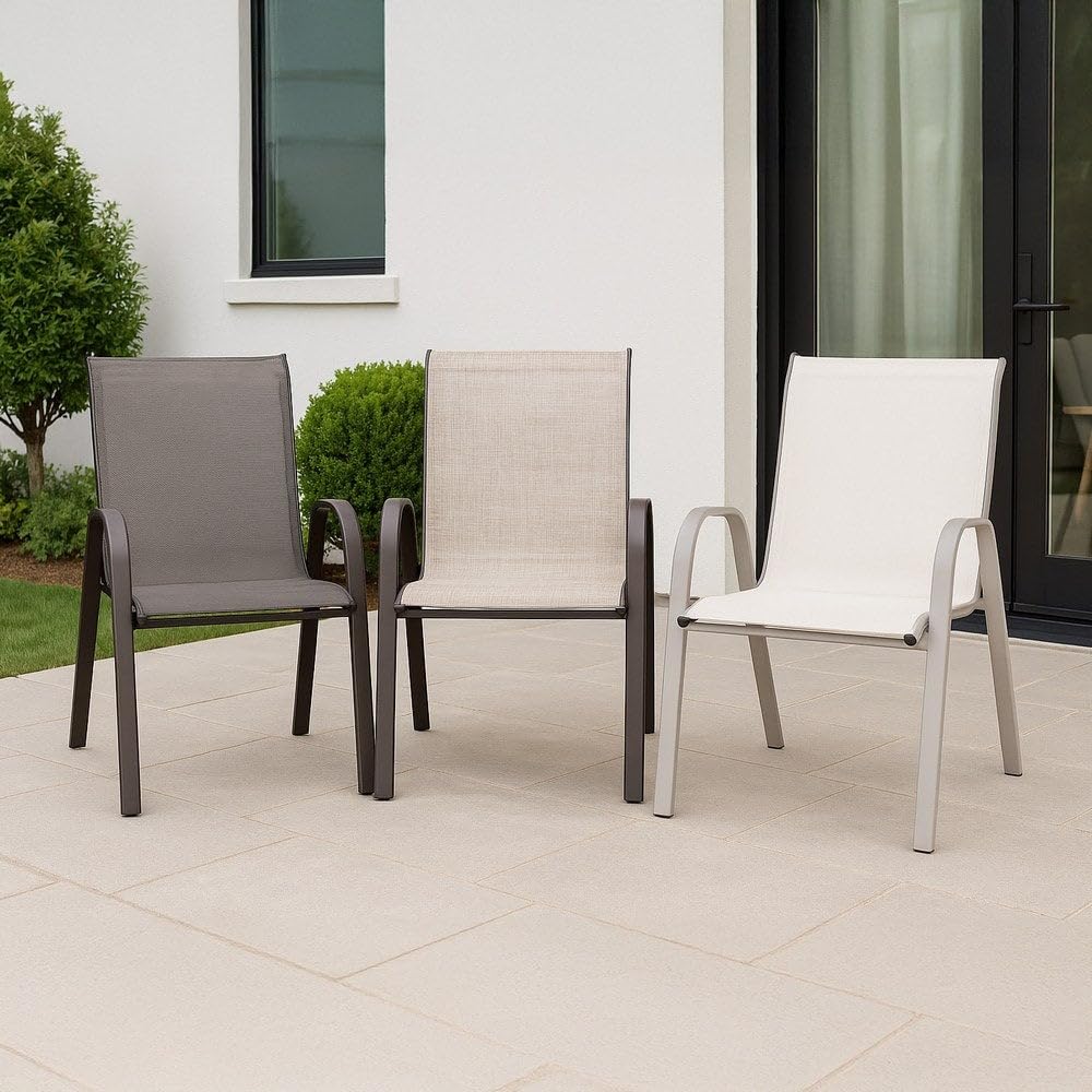 LOLAhome Set de 4 Sillas de Jardín de Acero Gris Topo y Textileno Antracita | Resistentes: Acero anticorrosión, Textileno Doble | Transpirables, Apliables | Soporta 110 Kg | 55x72x90 cm | Classic