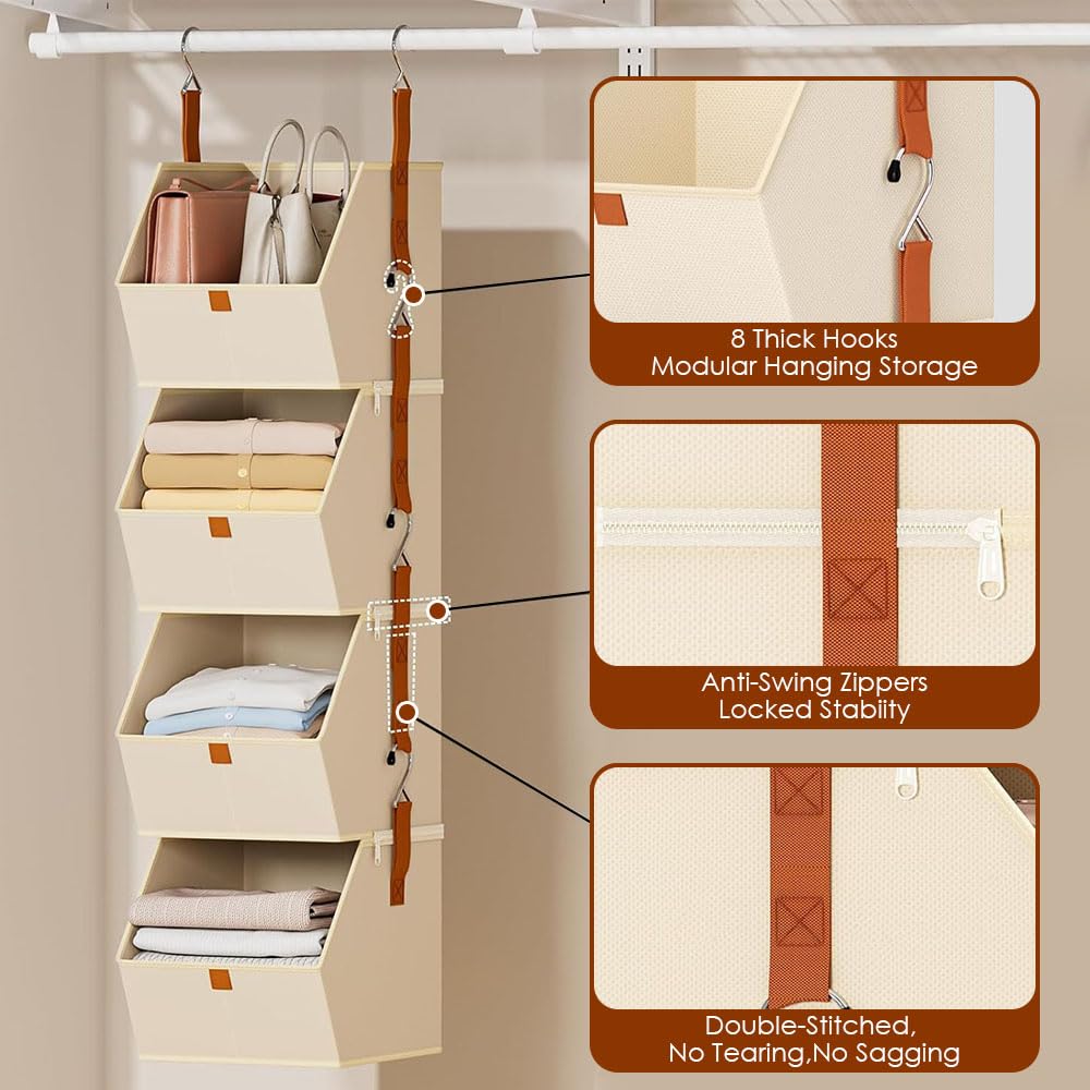 Organizador de Armario Colgante de 4 Niveles, Beige, Sistema de Almacenamiento Modular con 8 Ganchos, Estantería de Tela para Ropa y Accesorios, 26x31x120cm (Beige)
