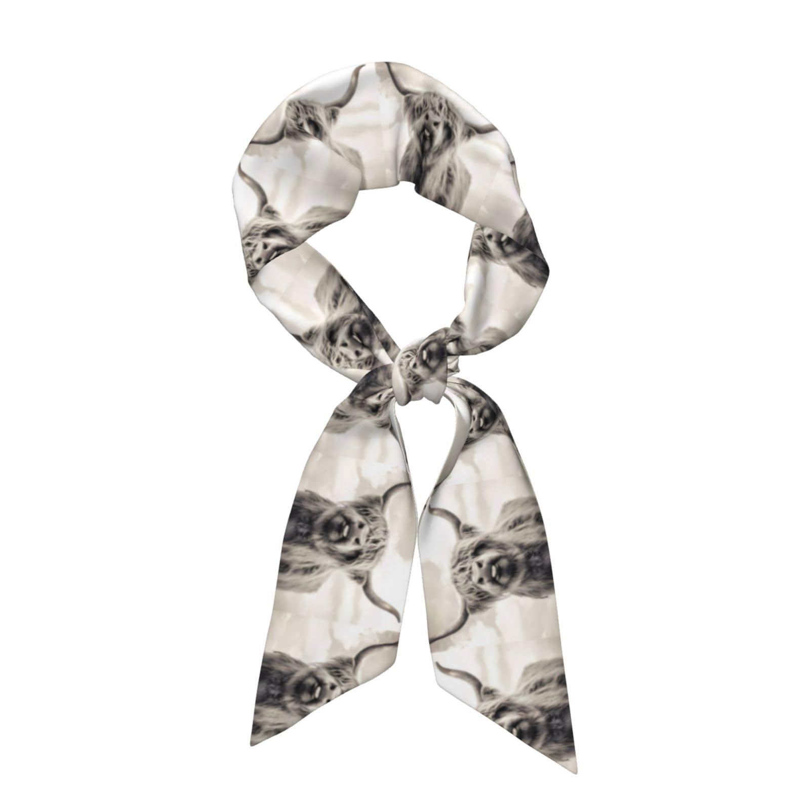 Whjshop Women's Black Funny Highland Cow Printed Long Strip Silk Scarf For Soft And Smooth Strip, Handbag Accessories