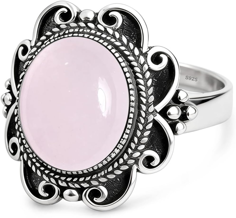 Sterling Silver Natural Stone Ring,Retro Antique Vintage Oval Genuine Real Crystal Quartz Gemstone Wide Boho Bohemian Statement Chunky Ring for Women